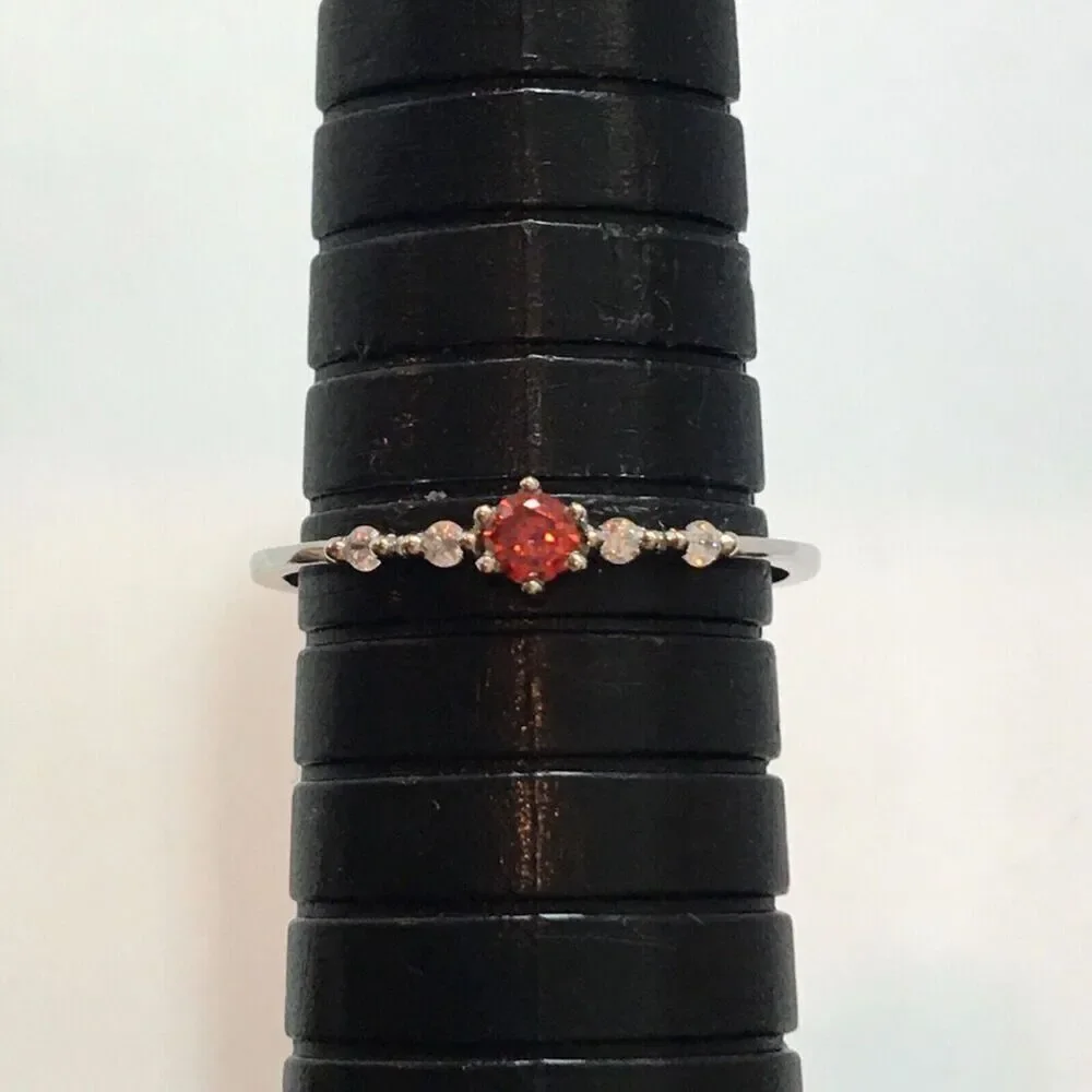 Sterling Silver Ring Size 7.75 925 Thin Band Red Cubic Zirconia CZ Dainty - Flaw